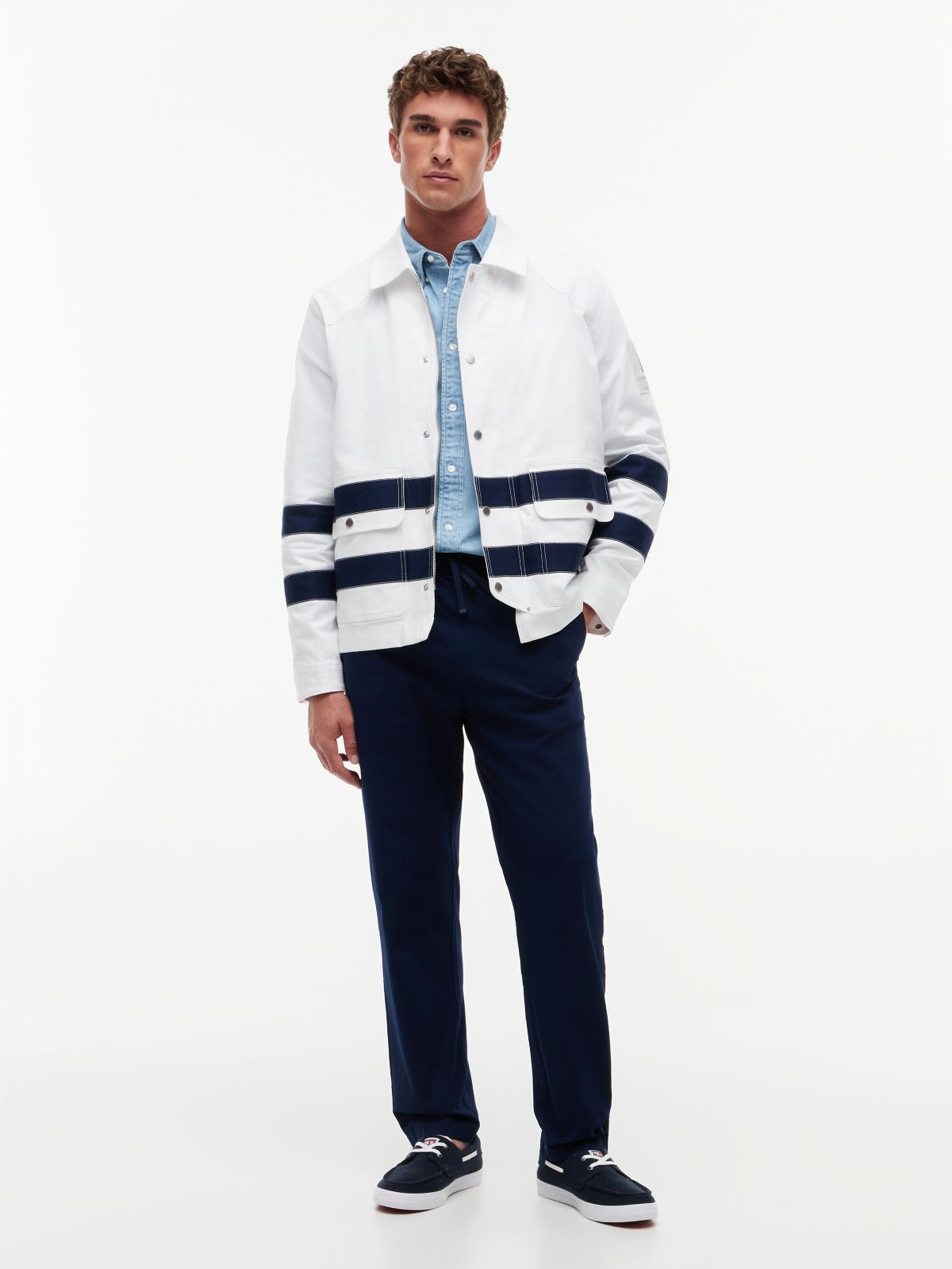 Stripe Flap Pocket Collared Jacket — White
