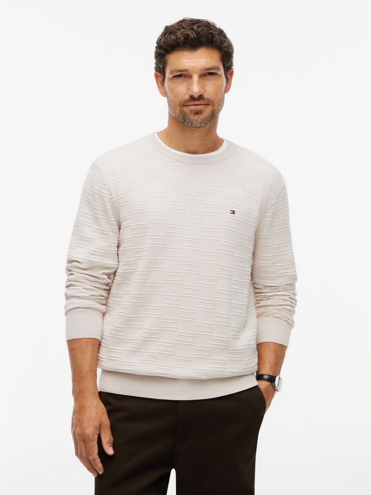 Flag Knit Crew Neck Jumper — Beige