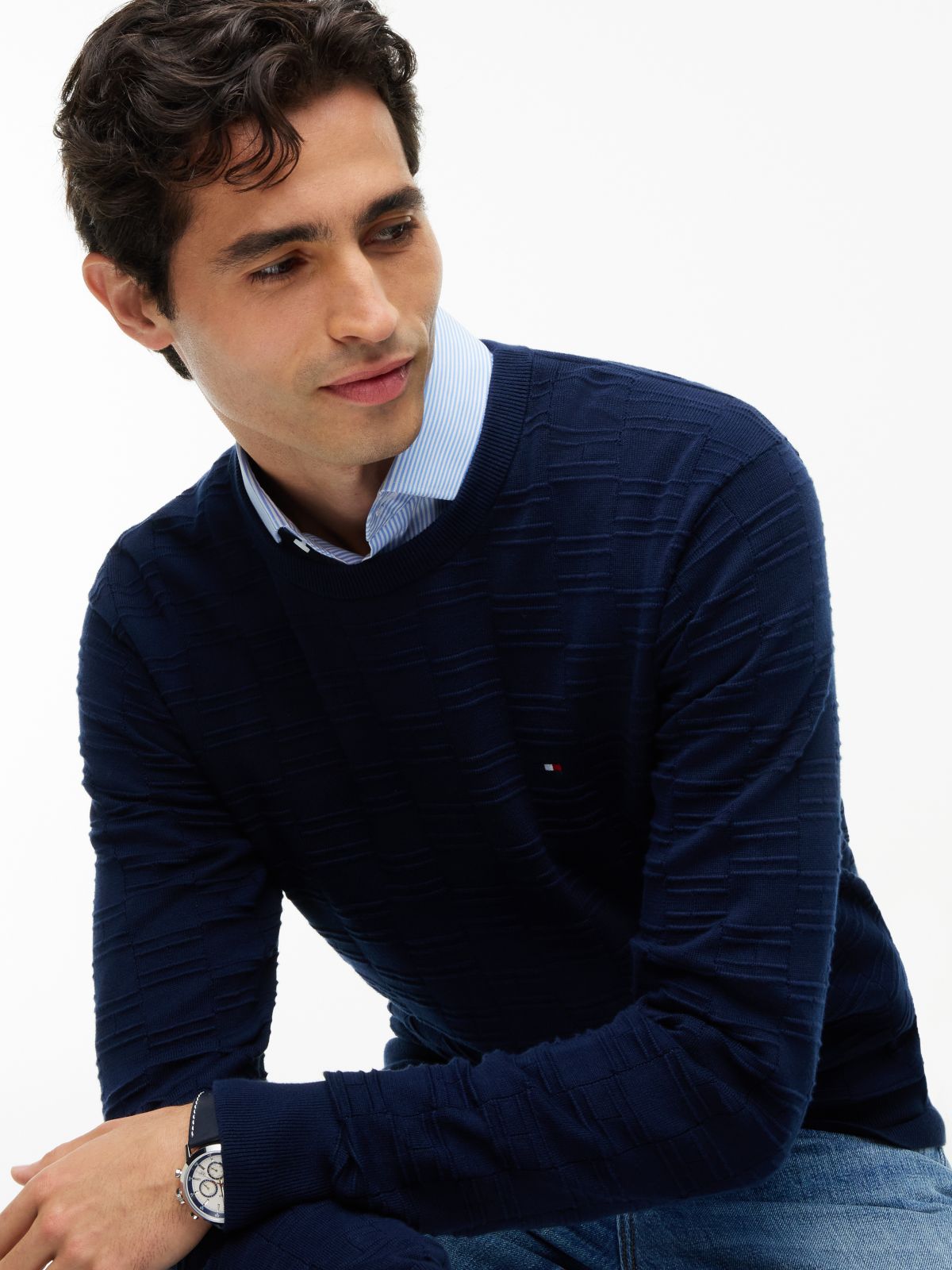 Flag Knit Crew Neck Jumper — Blue