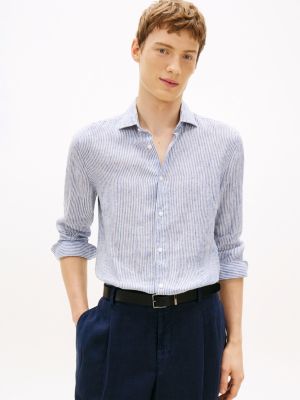 blue smart casual slim fit pinstripe pure linen shirt for men tommy hilfiger