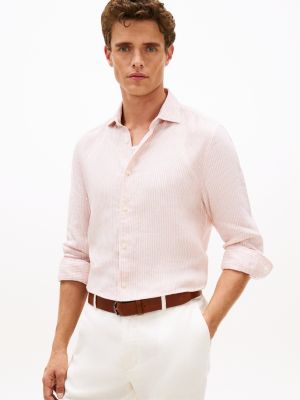 pink smart casual slim fit pinstripe pure linen shirt for men tommy hilfiger