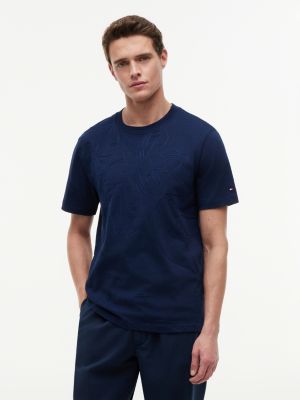 blue t-shirt aus jersey mit kettenstich-grafik für herren - tommy hilfiger