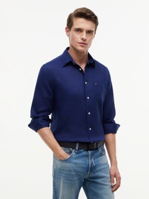 chemise coupe standard en pur lin délavée blue pour hommes tommy hilfiger