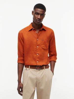 orange regular fit washed pure linen shirt for men tommy hilfiger