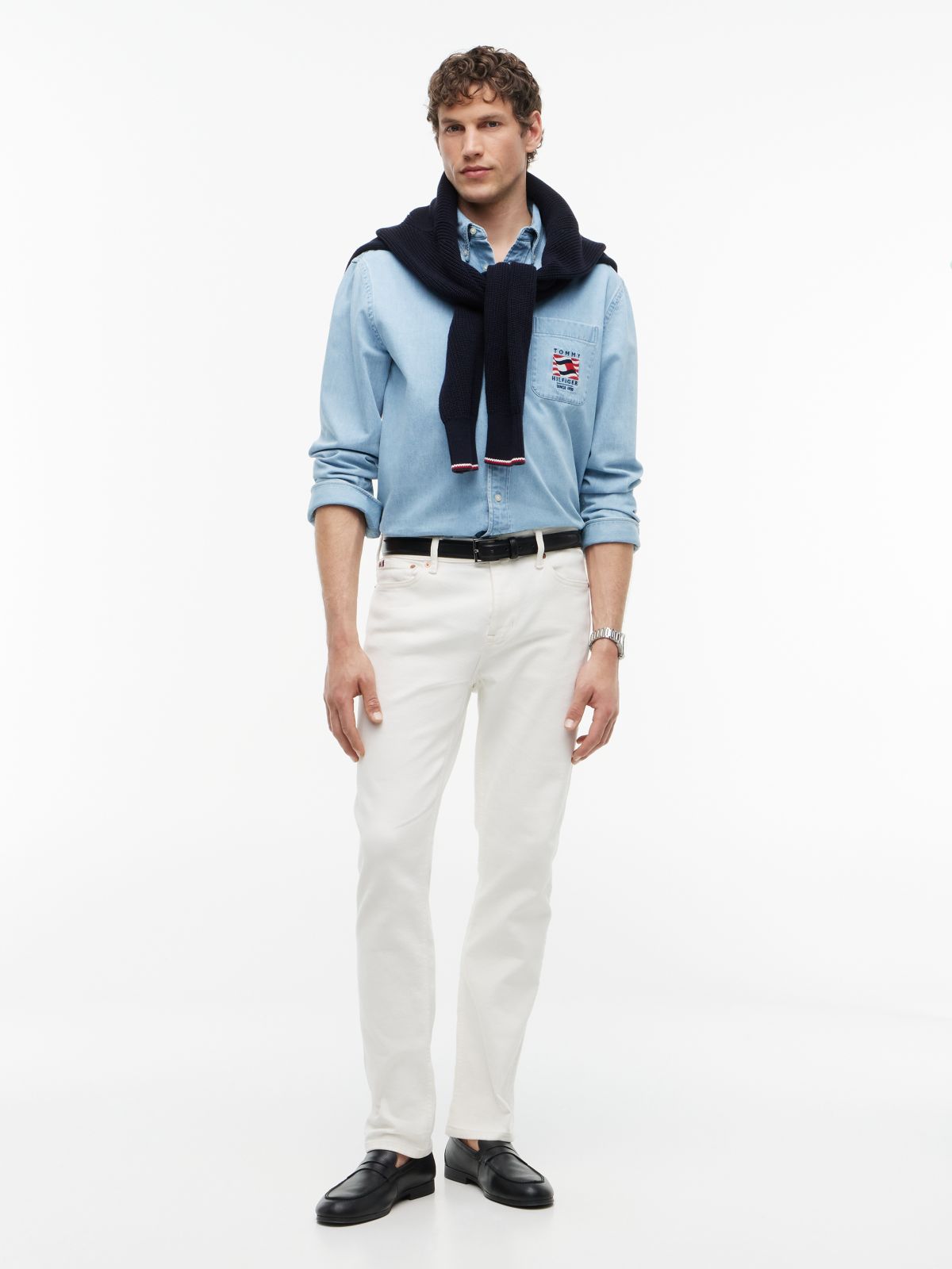 Relaxed Fit Embroidery Denim Shirt — Blue