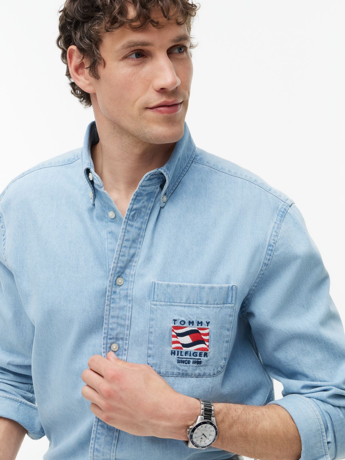Relaxed Fit Embroidery Denim Shirt — Blue