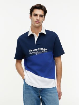 blue relaxed fit back logo colour-blocked polo shirt for men tommy hilfiger