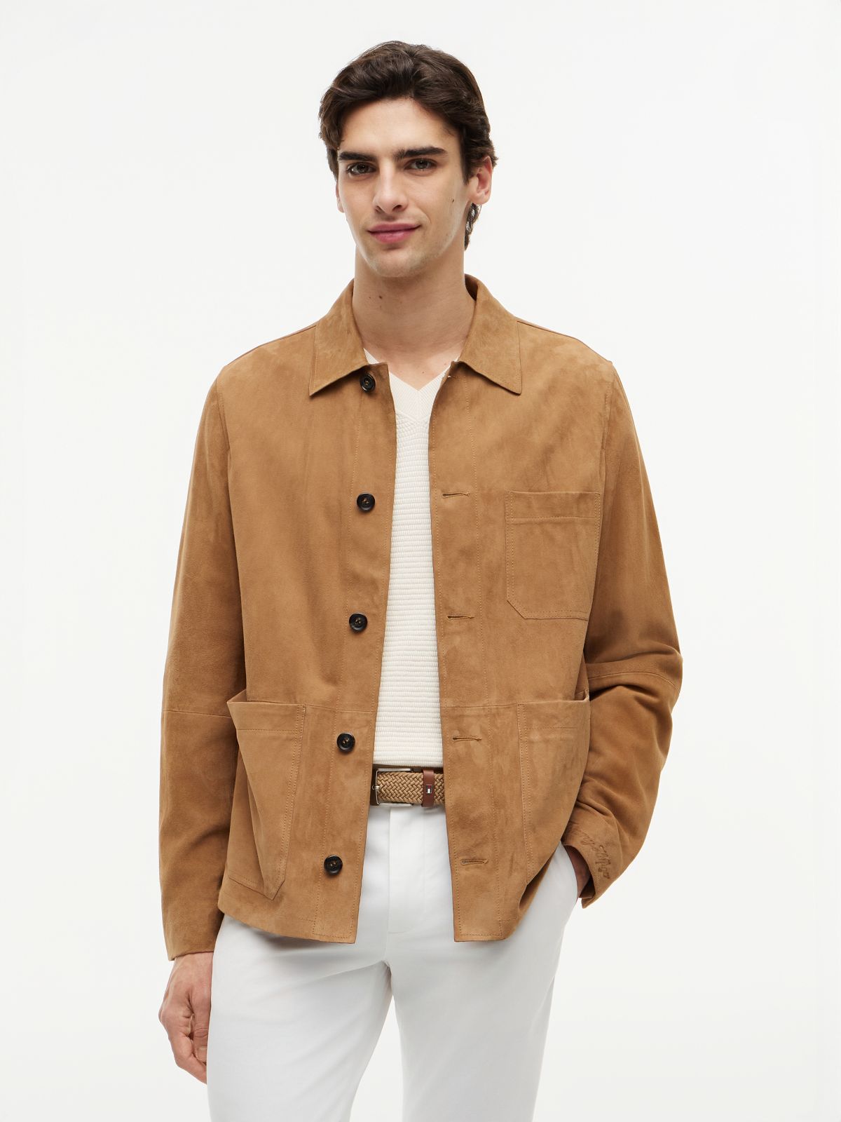 Suede Embossed Logo Chore Jacket — Brown