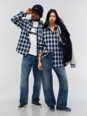blue tommy hilfiger x frgmt regular check shirt for men tommy hilfiger