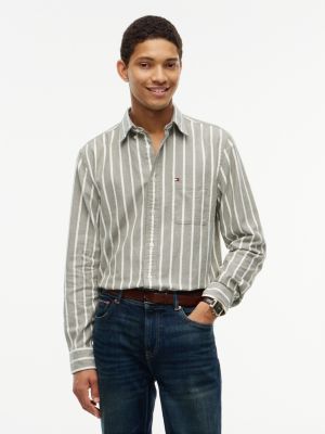 green regular fit brushed flannel stripe shirt for men tommy hilfiger