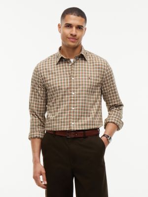 beige regular fit poplin flex-overhemd met tartanruit voor heren - tommy hilfiger