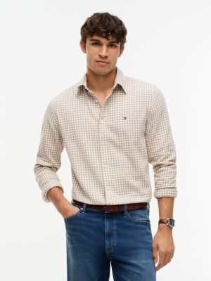 beige regular fit gingham dobby flannel shirt for men tommy hilfiger