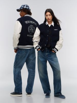 white tommy hilfiger x frgmt leather sleeves varsity jacket for men tommy hilfiger