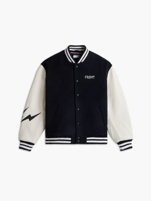 white tommy hilfiger x frgmt leather sleeves varsity jacket for men tommy hilfiger