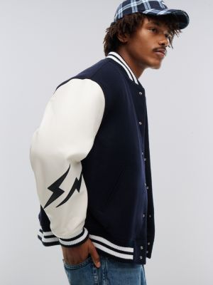 white tommy hilfiger x frgmt leather sleeves varsity jacket for men tommy hilfiger