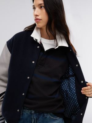 white tommy hilfiger x frgmt leather sleeves varsity jacket for men tommy hilfiger