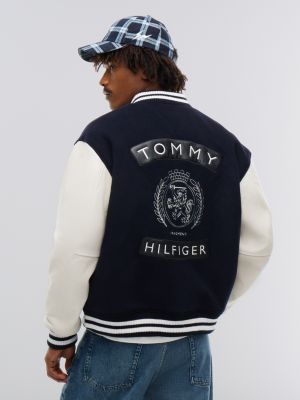 white tommy hilfiger x frgmt leather sleeves varsity jacket for men tommy hilfiger