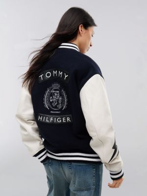 white tommy hilfiger x frgmt leather sleeves varsity jacket for men tommy hilfiger