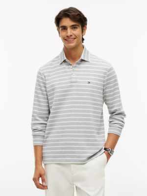 grey regular waffle long sleeve polo shirt for men tommy hilfiger