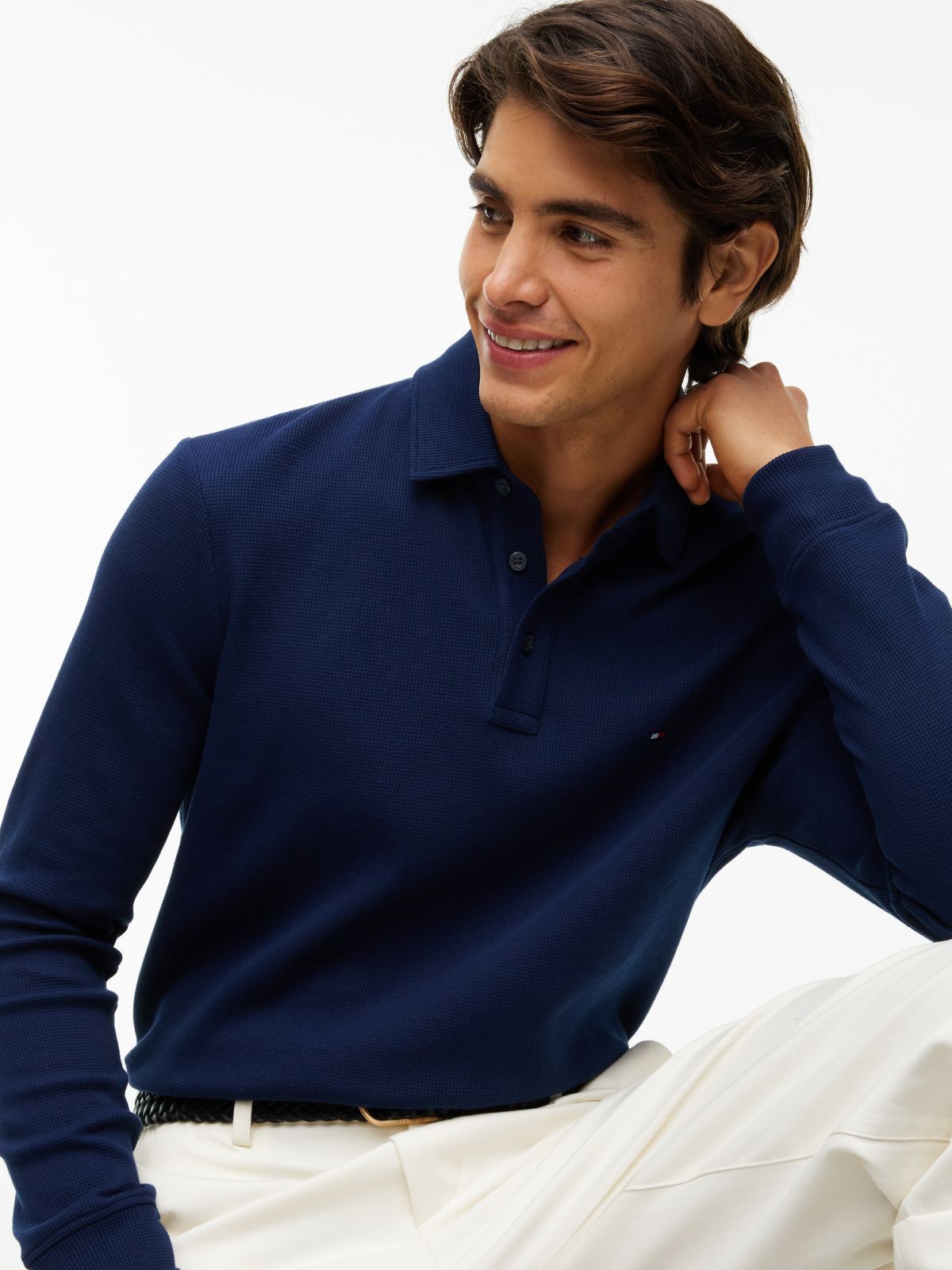 Regular Waffle Long Sleeve Polo Shirt — Blue