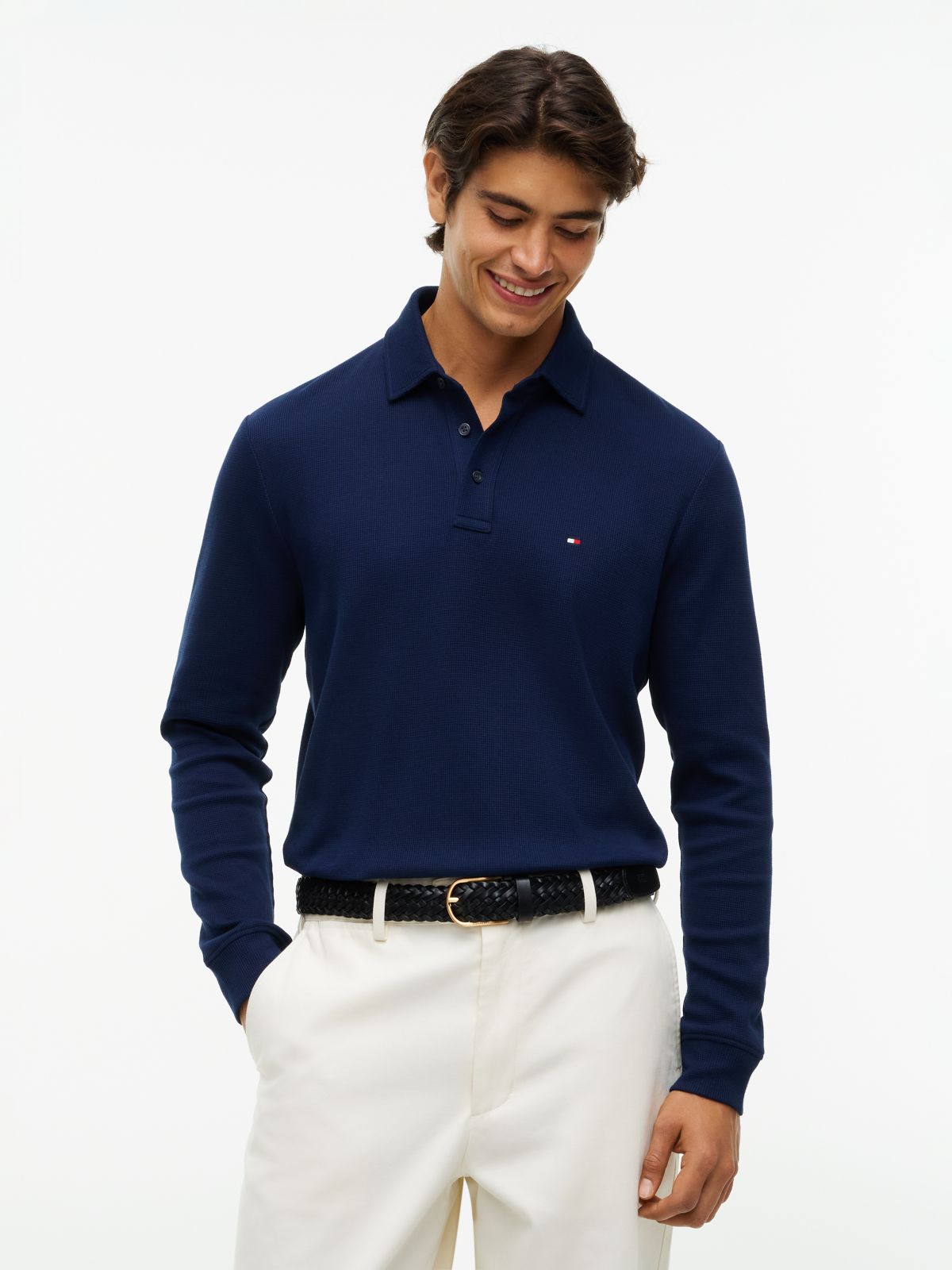 Regular Waffle Long Sleeve Polo Shirt — Blue