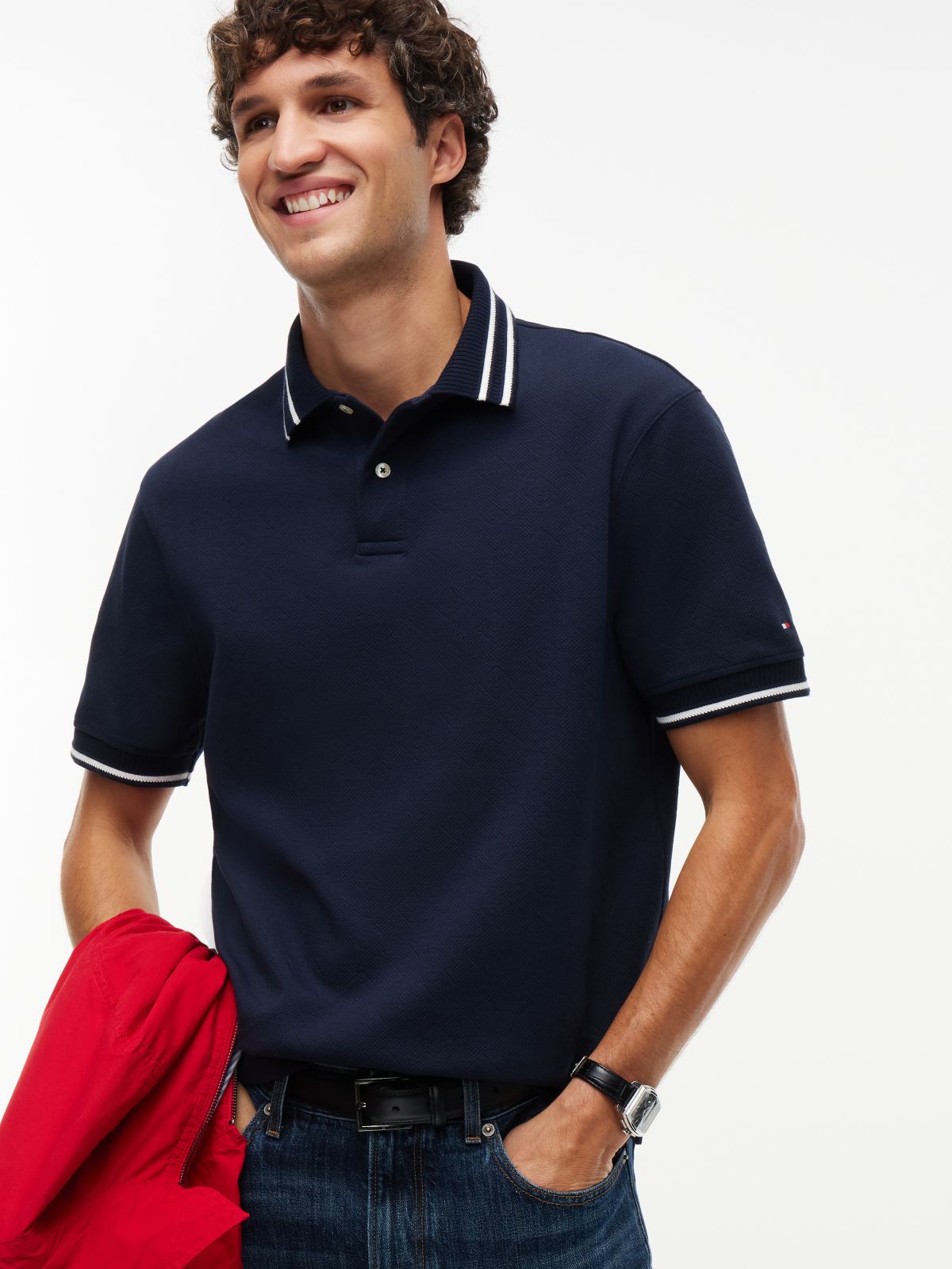 Relaxed Fit Foulard Jacquard Polo Shirt — Blue