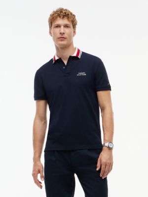 blue regular fit jersey-poloshirt mit kontrast-kragen für herren - tommy hilfiger