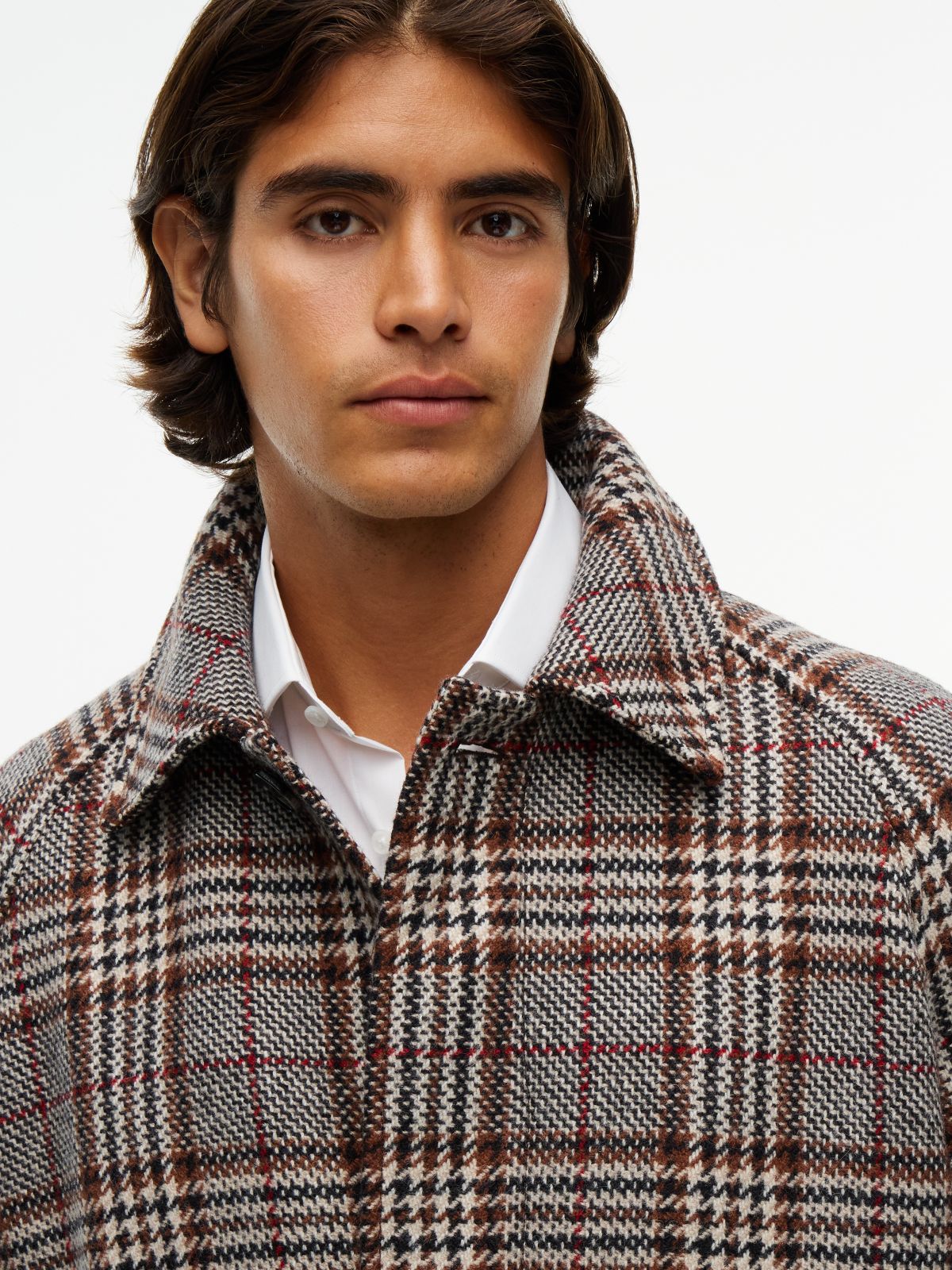 Pure Wool Check Single Breasted Coat — Brown