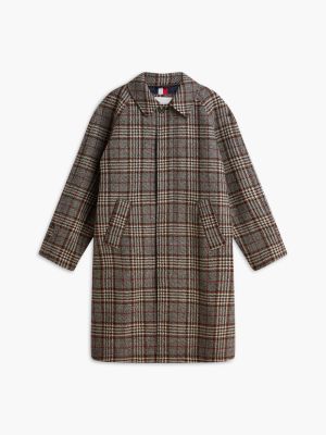 brązowy jednorzędowy płaszcz z czystej wełny w kratę dla mężczyźni - tommy hilfiger
