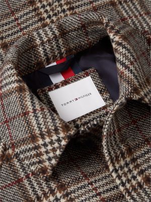 brązowy jednorzędowy płaszcz z czystej wełny w kratę dla mężczyźni - tommy hilfiger