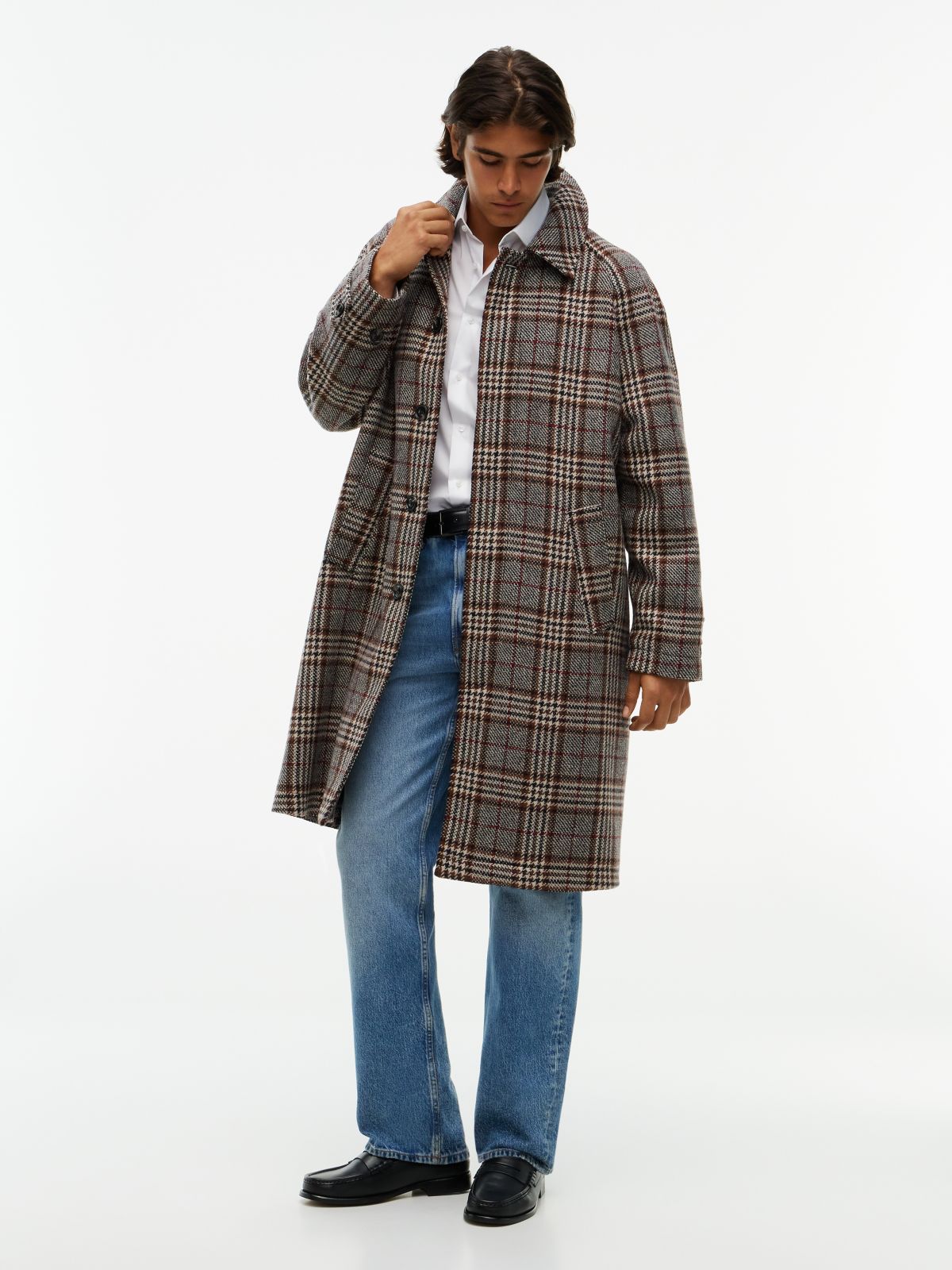 Pure Wool Check Single Breasted Coat — Brown