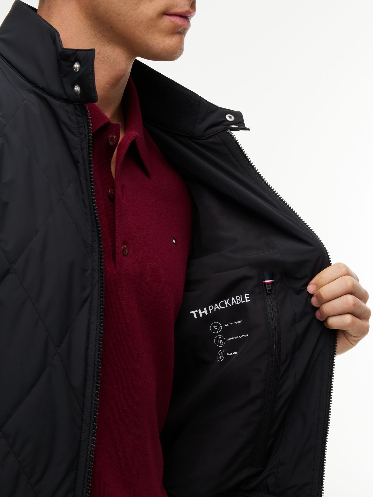 Water Repellent Packable Quilted Harrington Jacket — Black