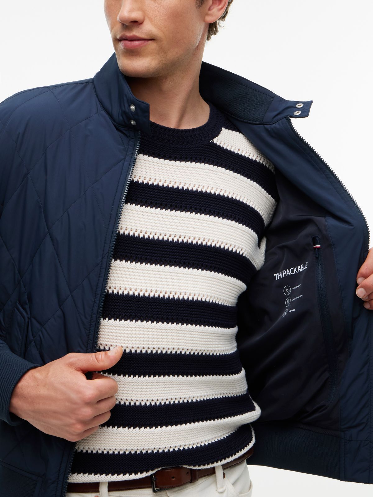 Water Repellent Packable Quilted Harrington Jacket — Blue