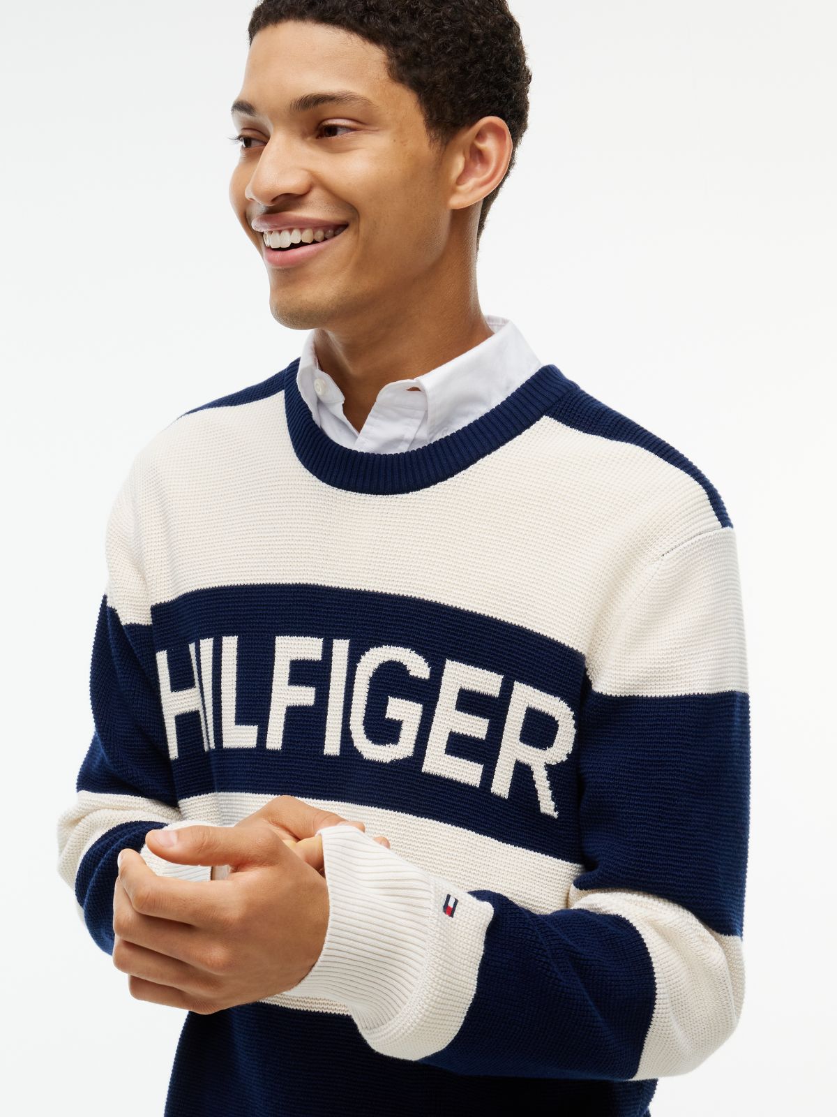 Intarsia Logo Waffle Knit Relaxed Jumper — Blue