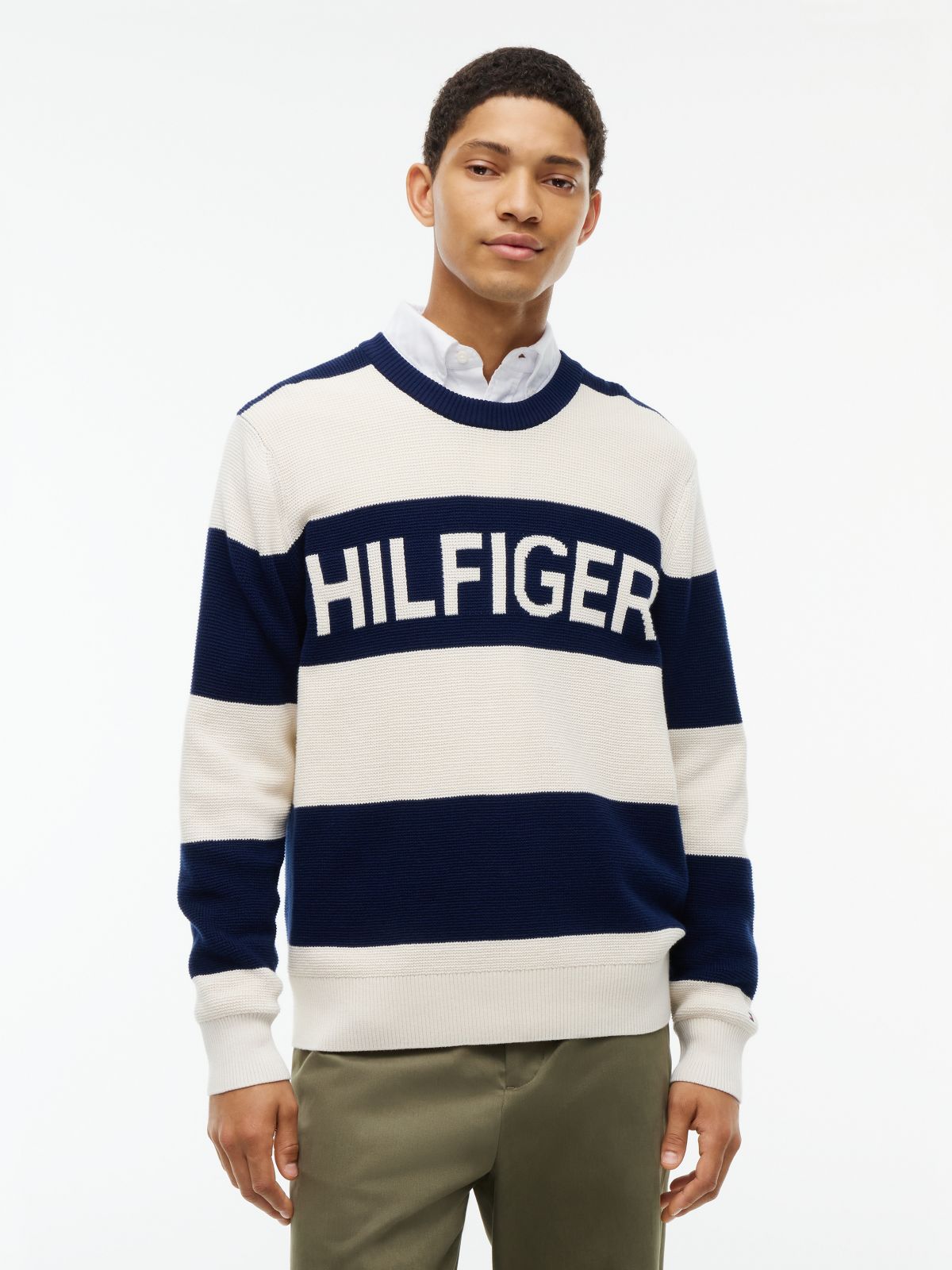 Intarsia Logo Waffle Knit Relaxed Jumper — Blue