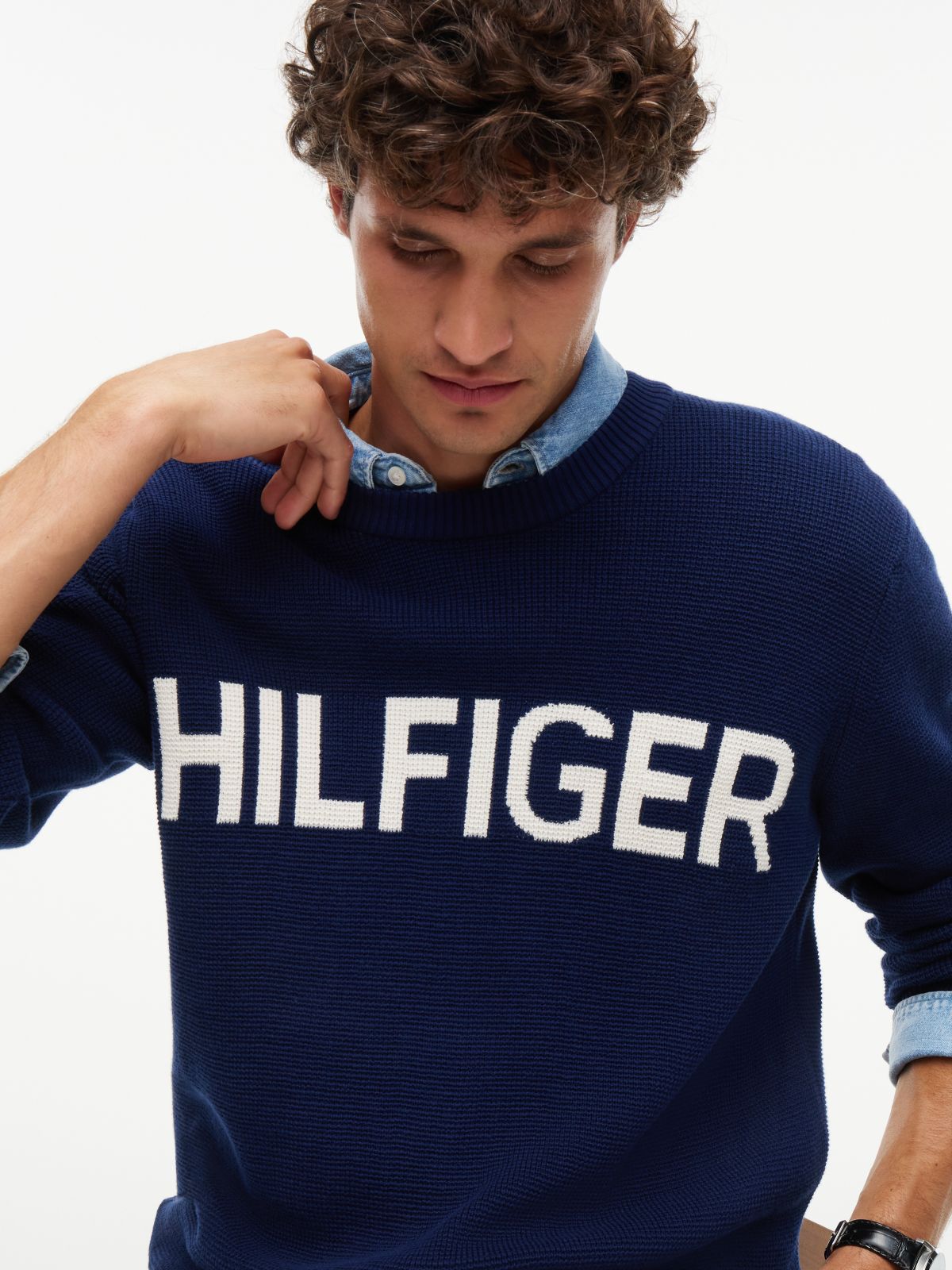 Intarsia Logo Waffle Knit Relaxed Jumper — Blue
