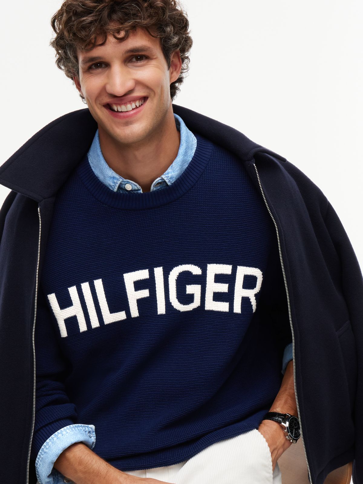 Intarsia Logo Waffle Knit Relaxed Jumper — Blue