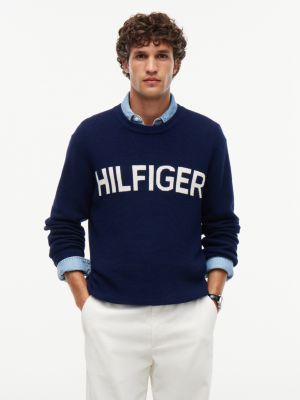 blue intarsia logo waffle knit relaxed jumper for men tommy hilfiger