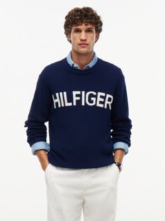 Intarsia Logo Waffle Knit Relaxed Jumper — Blue 1