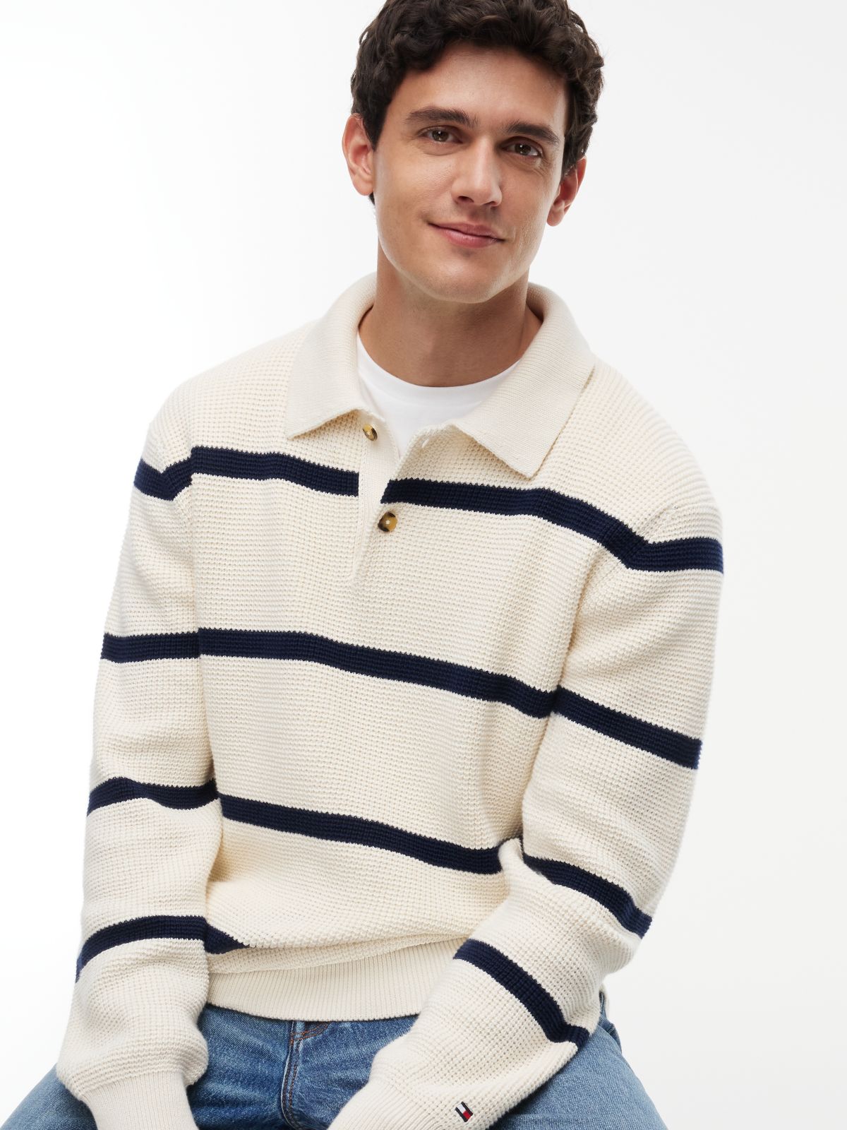 Waffle Knit Relaxed Rugby Jumper — White