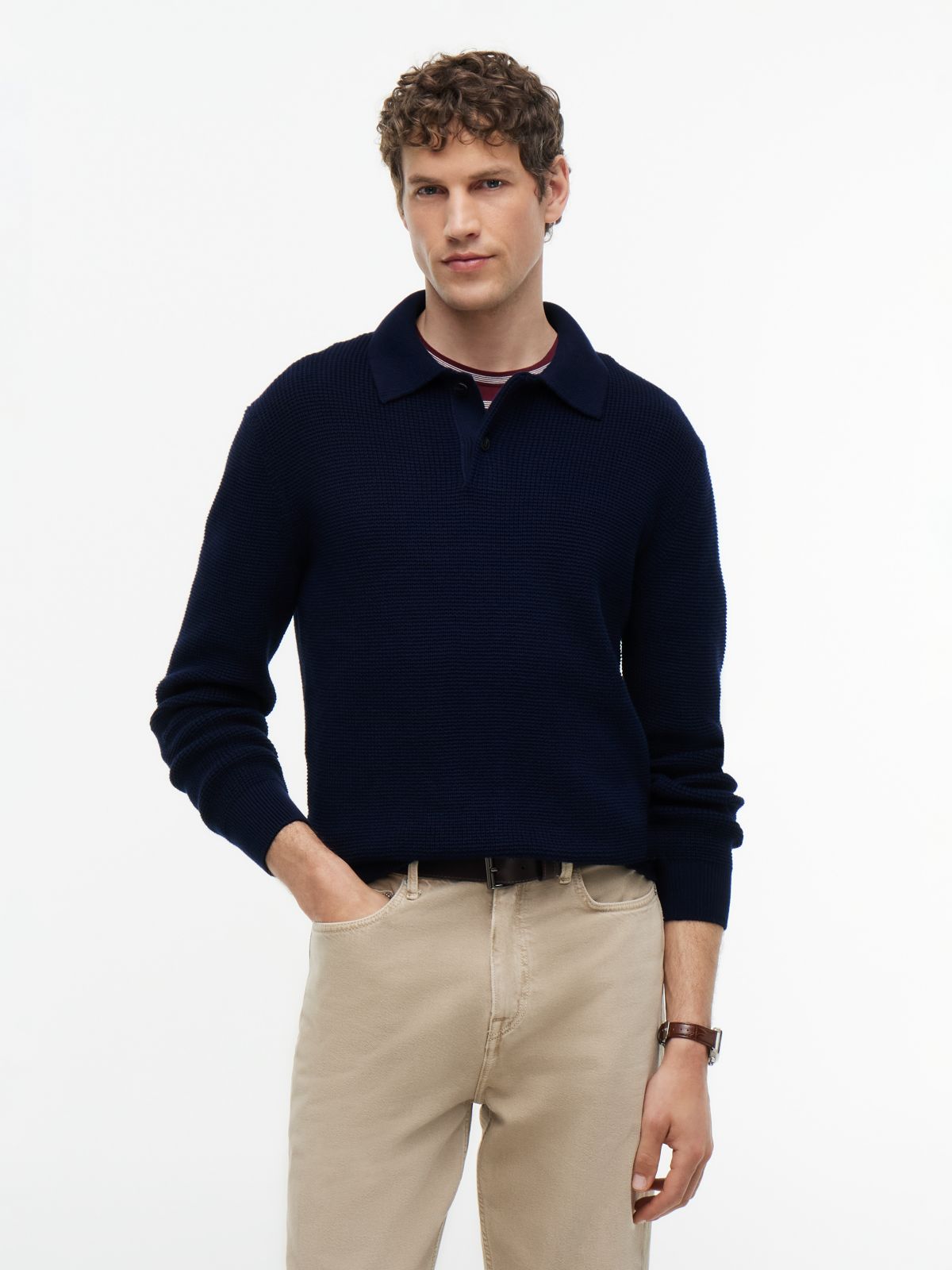 Waffle Knit Relaxed Rugby Jumper — Blue