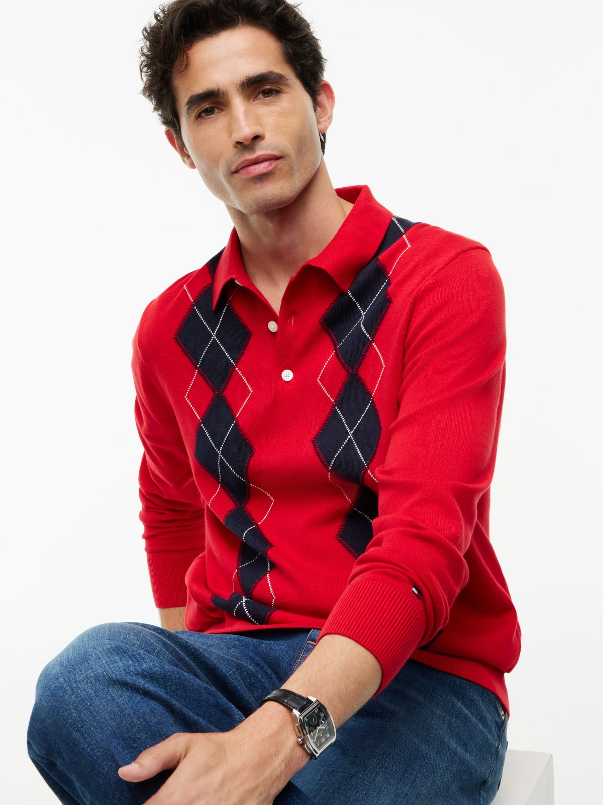 Flag Embroidery Argyle Polo Jumper — Red