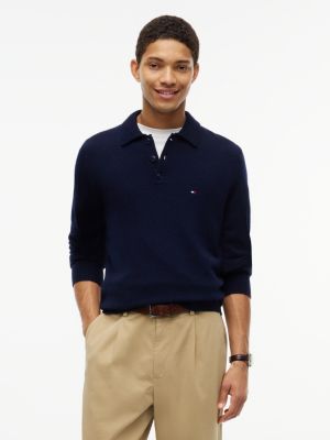 blue pure lambswool polo jumper for men tommy hilfiger