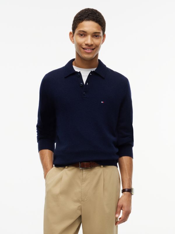 Pure Lambswool Polo Jumper — Blue