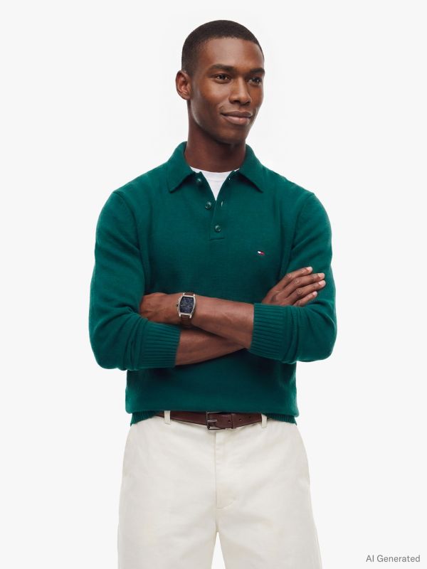 Pure Lambswool Polo Jumper — Green