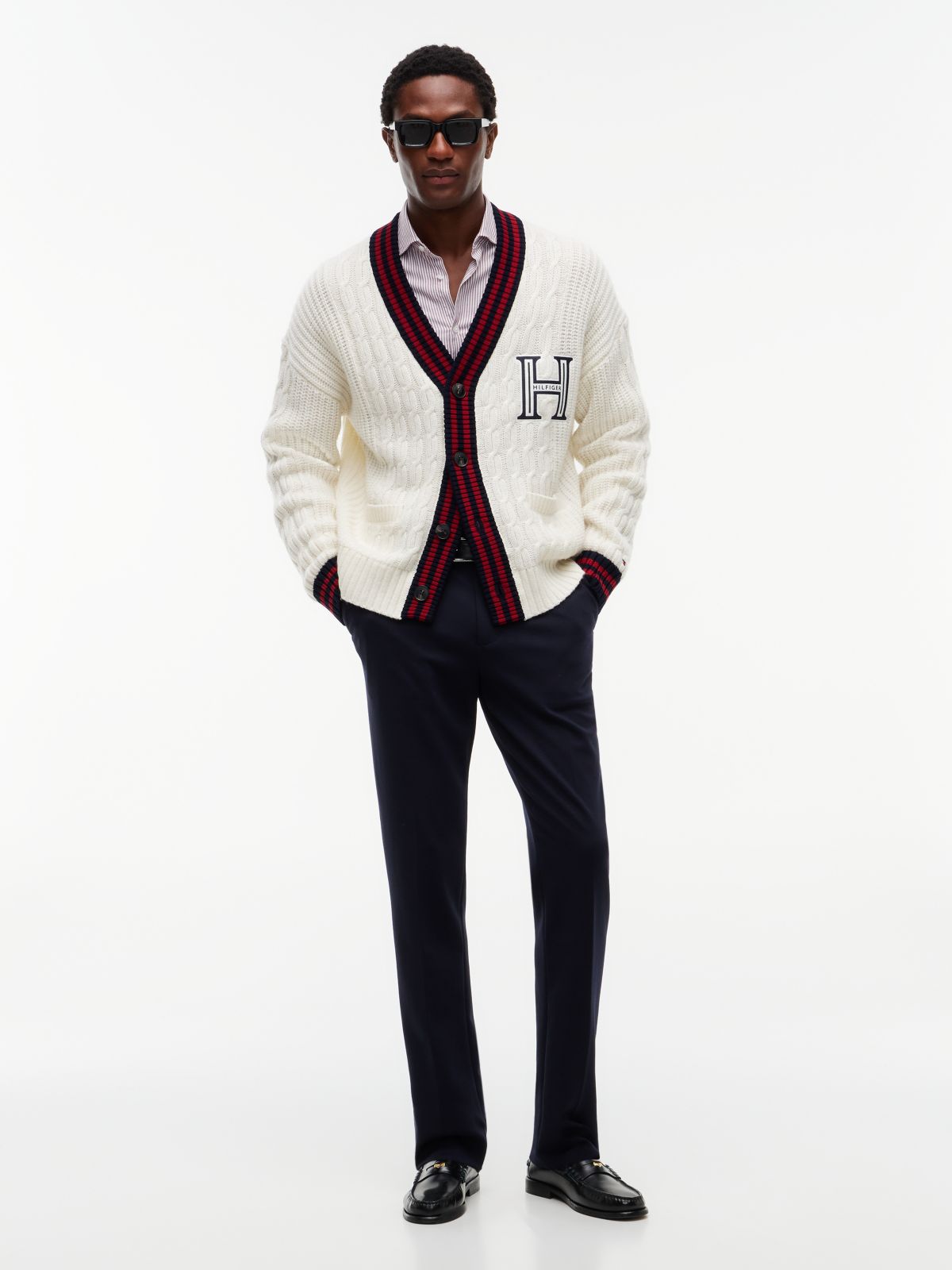 Cable Knit Wool Blend Letterman Cardigan — Yellow