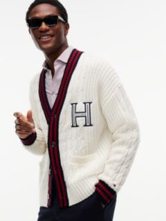 Cable Knit Wool Blend Letterman Cardigan — Yellow 3
