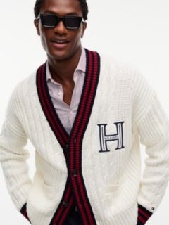 Cable Knit Wool Blend Letterman Cardigan — Yellow 4