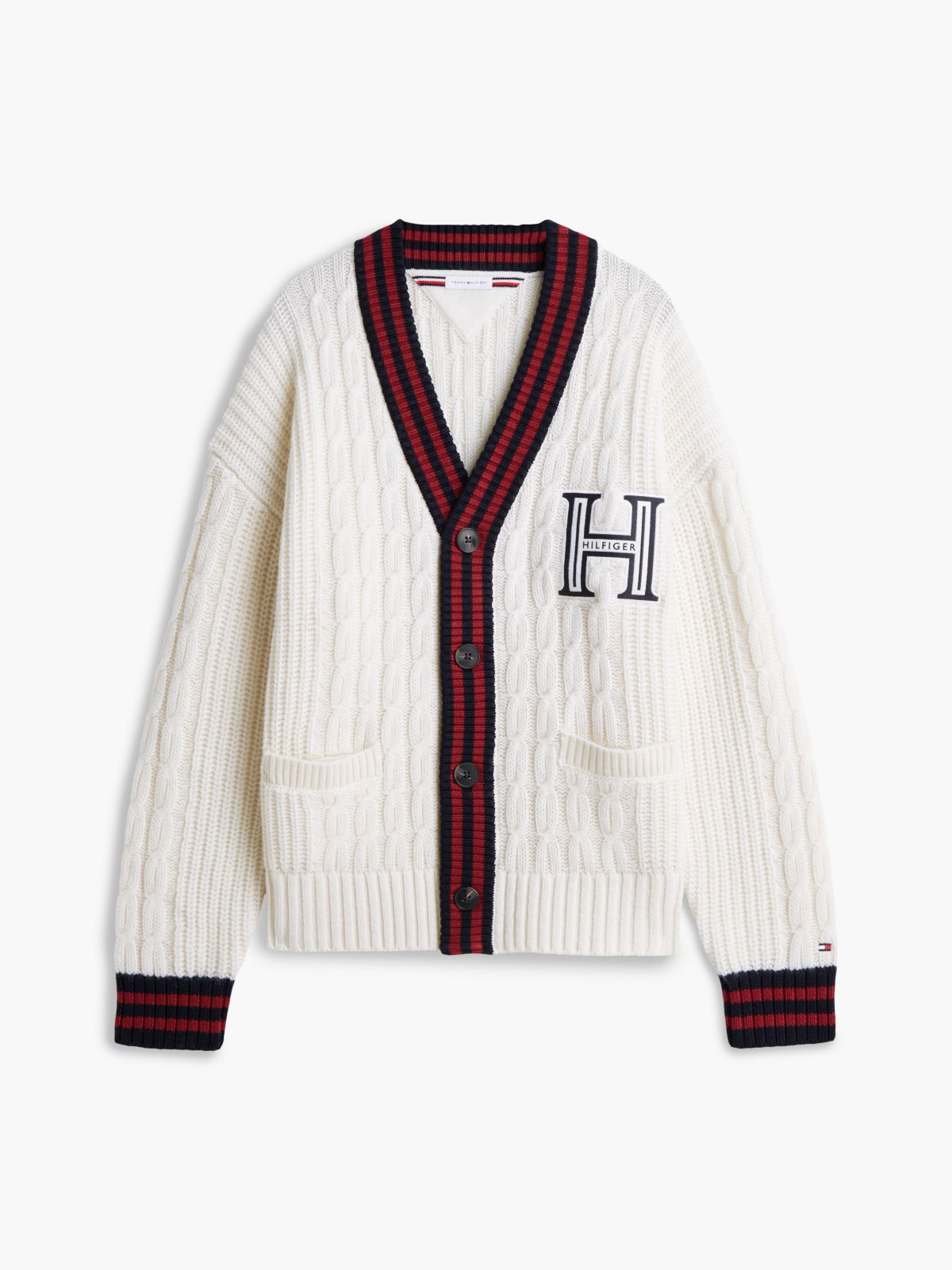 Cable Knit Wool Blend Letterman Cardigan — Yellow