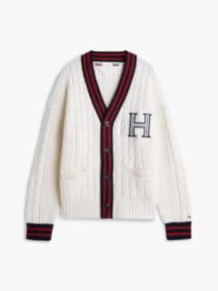 Cable Knit Wool Blend Letterman Cardigan — Yellow 6
